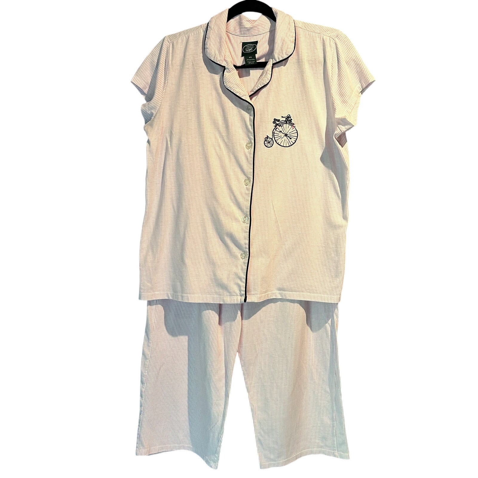 Vintage Laura Ashley Medium Pajama Set Capri Pant Bicycle Embroidery Pink Stripe